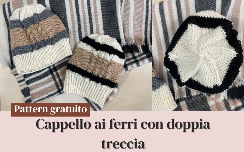 Cappello ai ferri: a righe con trecce anche per bimba